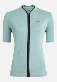 Maillot de cyclisme à manches courtes en tissu bleu clair, avec une fermeture éclair sur toute la longueur à l'avant, un motif texturé et des accents noirs. Logo sur la poitrine.