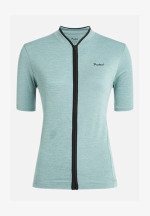 Trumpas rankovėmis dviratininko marškinėliai šviesiai žalsvame audinyje, su pilnu priekiu užtrauktuku, tekstūriniu raštu ir juodais akcentais. Logos ant krūtinės.