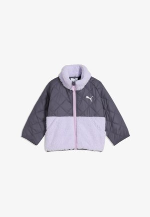 Gesteppte dunkelgraue und hellviolette Fleecejacke mit Frontreißverschluss und kleinem Puma-Logo auf der linken Brust.