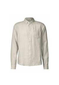 Lichtgrijs overhemd met lange mouwen van linnen, met een button-down kraag, één borstzak en een comfortabele pasvorm met knoopsluitingen.