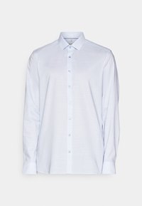 Hellblaues Langarmhemd mit durchgehender Knopfleiste, klassischem Kragen und glatter Textur, mit kleinen Knöpfen entlang der Blende.