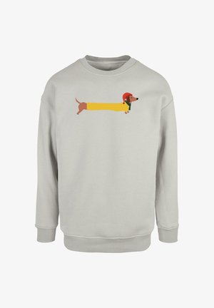 Light gray sweatshirt featuring a cartoon dachshund in a yellow coat with a red hat and green scarf, printed on the chest.