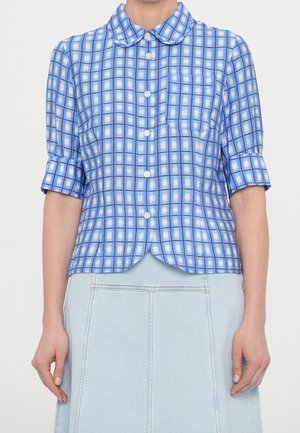 Kvinde iført en blå ternet skjorte med knapper og opklemte ærmer samt en lys denim nederdel, vist fra hals til hofter.