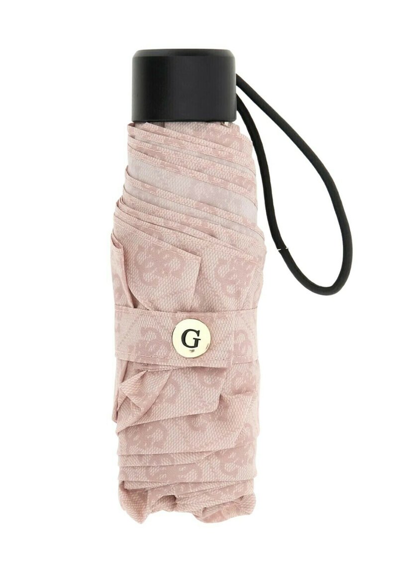 Ombrello pieghevole compatto rosa con un motivo sottile, manico nero e una tracolla con un bottone rotondo che riporta la lettera "G."