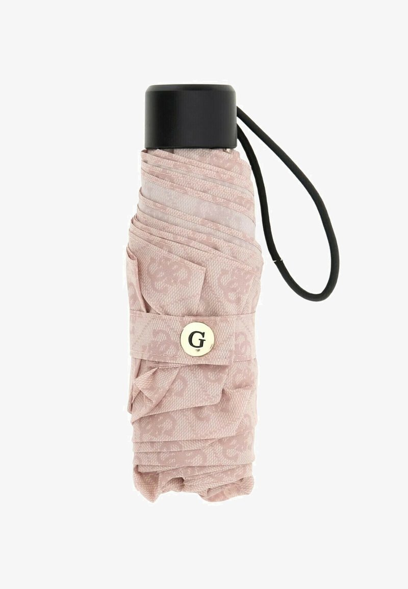 Ombrello pieghevole compatto rosa con un motivo sottile, manico nero e una tracolla con un bottone rotondo che riporta la lettera "G."