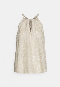 Haut sans manches beige clair avec un col en trou de serrure, texture froncée et un motif abstrait blanc subtil sur l'ensemble. Bretelles ajustables.