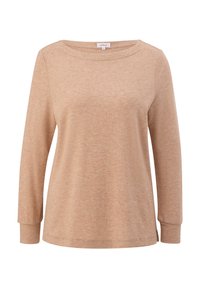 Lange mouwtop in een lichtbeige, zachte stof met een ronde hals en een relaxte pasvorm. Inclusief geribbelde manchetten en een rechte zoom.