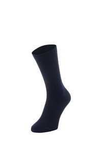 Marineblaue Socke aus weichem, elastischem Material. Verfügt über einen gerippten oberen Rand und eine glatte Textur, die für einen bequemen Sitz am Fuß sorgt.