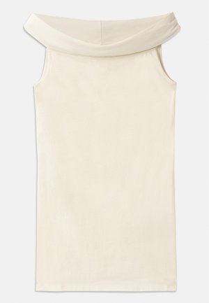 Off-the-shoulder beige dress made of smooth fabric, featuring a wide neckline and sleeveless design, with a straight cut and clean hem.