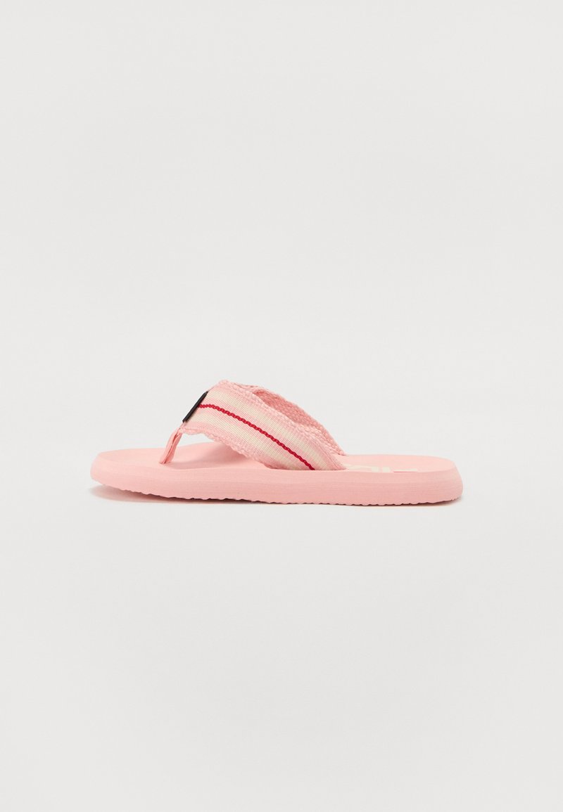 Pink flip-flop featuring a textured strap with red and white stripes, soft rubber sole, and a thong-style design suitable for casual wear.