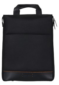 Schwarze Laptoptasche aus strukturiertem Stoff mit Reißverschluss, ausgestattet mit doppelten oberen Griffen und einem Lederboden mit einem orangefarbenen Akzent.