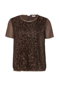 Top marrone a maniche corte con parte anteriore in paillettes e maniche trasparenti marroni. Presenta un colletto rotondo e una chiusura con zip sul retro.