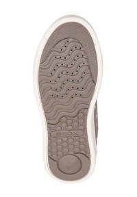 Suola di una scarpa per bambini con motivi a onde e punti, fori di ventilazione, bordino bianco e taglia 32 contrassegnata vicino al tallone.
