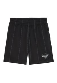 Pantaloni sportivi neri in tessuto a rete, con vita elastica, tasche laterali, motivi di testo verticali e un logo argento sul lato sinistro in basso.