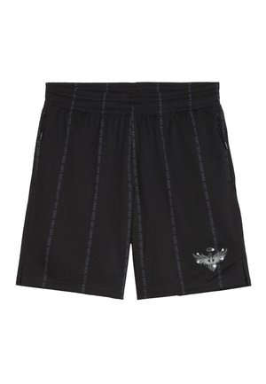 Sorte træningsshorts med mesh stof, elastisk talje, sidelommer, vertikale tekstmønstre og et sølvfarvet logo i nederste venstre hjørne.