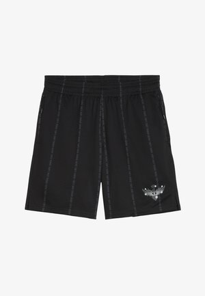 Sorte træningsshorts med mesh stof, elastisk talje, sidelommer, vertikale tekstmønstre og et sølvfarvet logo i nederste venstre hjørne.