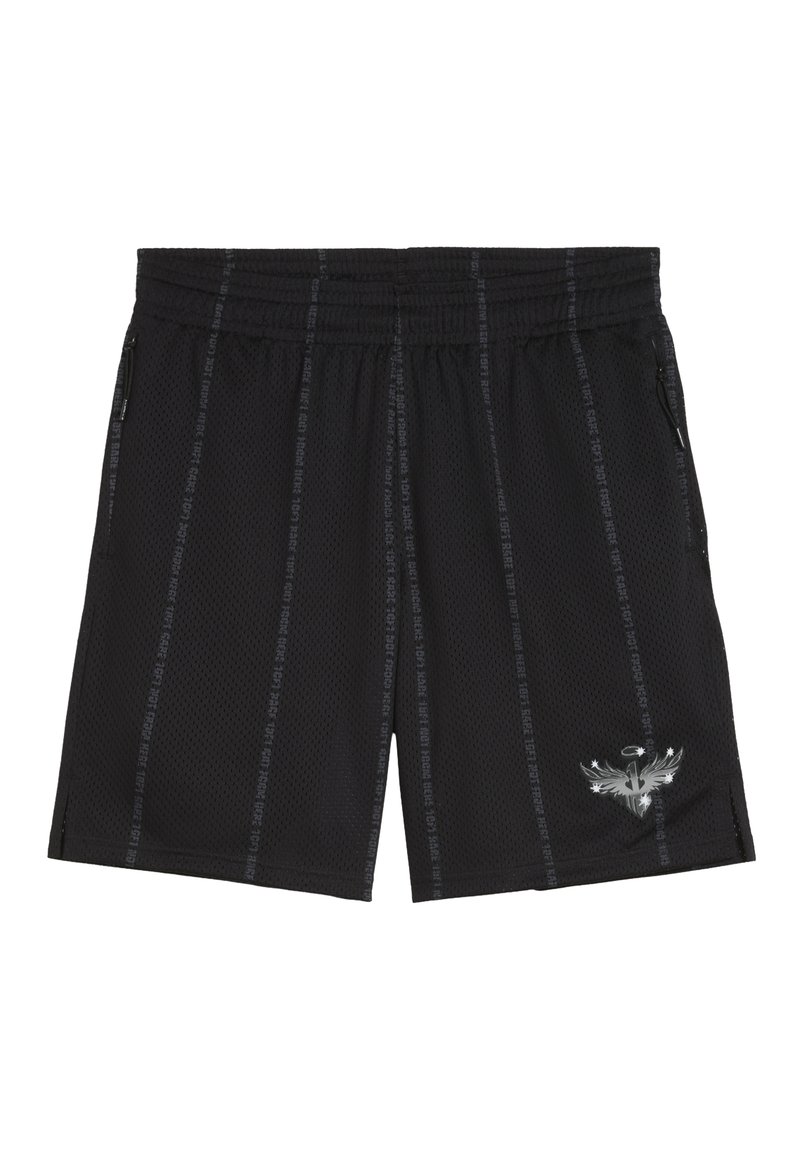 Pantaloni sportivi neri in tessuto a rete, con vita elastica, tasche laterali, motivi di testo verticali e un logo argento sul lato sinistro in basso.