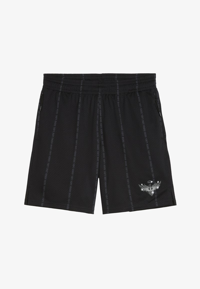 Juodi sportiniai šortai su tinkline medžiaga, elastinga juosta, šoninėmis kišenėmis, vertikalių raštų ir sidabriniu logotipu kairėje apatinėje pusėje.