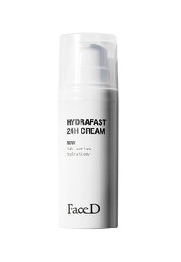 Flacone pompa cilindrico bianco per la Crema HydraFast 24h, con testo nero e coperchio trasparente, che enfatizza l'idratazione attiva per 24 ore.
