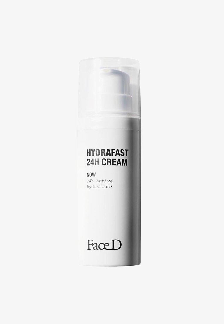Flacone pompa cilindrico bianco per la Crema HydraFast 24h, con testo nero e coperchio trasparente, che enfatizza l'idratazione attiva per 24 ore.