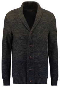 Tmavě zelený a námořnický pletený cardigan s šálovým límcem, nabízející zapínání na knoflíky a žebrované manžety a lem. Texturovaná tkanina.
