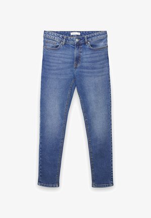 Jeans di denim blu con taglio a gamba dritta, cinque tasche, chiusura frontale con bottoni e leggero scolorimento su tutto il tessuto.