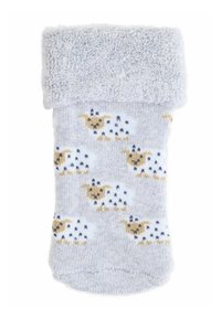 Hellgraue Babysocke mit umgeschlagenem Bündchen, verziert mit einem sich wiederholenden Muster von weißen und beigefarbenen Schafen.
