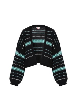 Zwarte gecropte cardigan met brede mouwen, voorzien van getextureerde horizontale strepen in turquoise en wit. Open voorkant ontwerp, geribbelde manchetten.