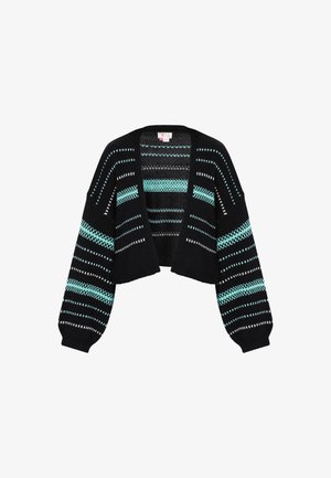 Mustat lyhyet neulejakut leveillä hihoilla, joissa on teksturoituja vaaleansinisiä ja valkoisia vaakaraitoja. Avoin etuosa, ribbireunat.