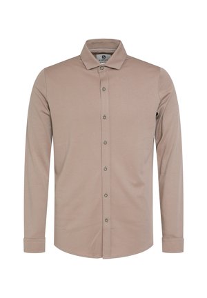 Camicia con maniche lunghe e bottoni in tessuto beige chiaro. Presenta un colletto standard, bottoni frontali e polsini con orlo arrotondato.