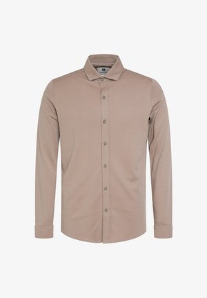 Lange mouw overhemd met knopen in lichtbeige stof. Bevat een standaard kraag, knopen aan de voorkant en manchetten met een ronde zoom.