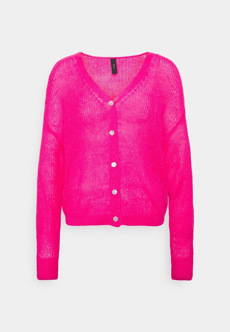 Cárdigan rosa con escote en v, hecho de material ligero de punto abierto. Presenta cinco botones blancos y puños acanalados, con una longitud corta.