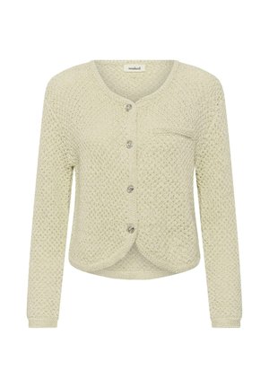 Svetlo béžový pletený kardigán s dlhými rukávmi, okrúhlym výstrihom, gombíkmi vpredu a malou náprsnou vreckom.