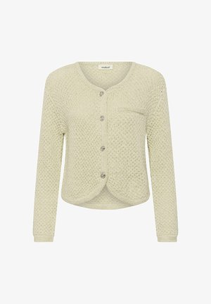 Svetlo béžový pletený kardigán s dlhými rukávmi, okrúhlym výstrihom, gombíkmi vpredu a malou náprsnou vreckom.