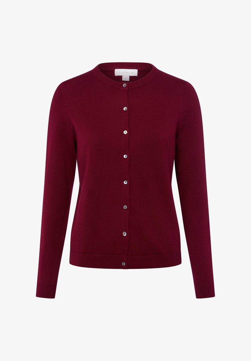 Bordeauxrode cardigan gemaakt van zachte gebreide stof, met een ronde halslijn, lange mouwen en een voorzijde met knopen en zilverkleurige details.