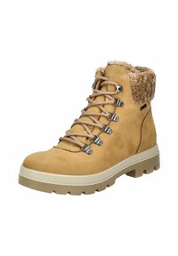 Tan hiking boot with a faux fur collar, lace-up front, metallic hardware, and a robust rubber sole with a textured grip pattern.
