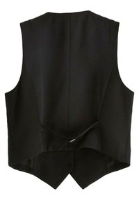 Gilet nero senza maniche con una texture liscia, caratterizzato da un dettaglio a fiocco sul retro e un orlo curvo. Il design minimalista sottolinea la semplicità.