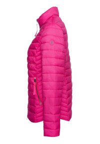 Roze pufferjack met hoge kraag, geborduurd ontwerp en zijzakken met rits. Glad textuur en lichtgewicht materiaal.