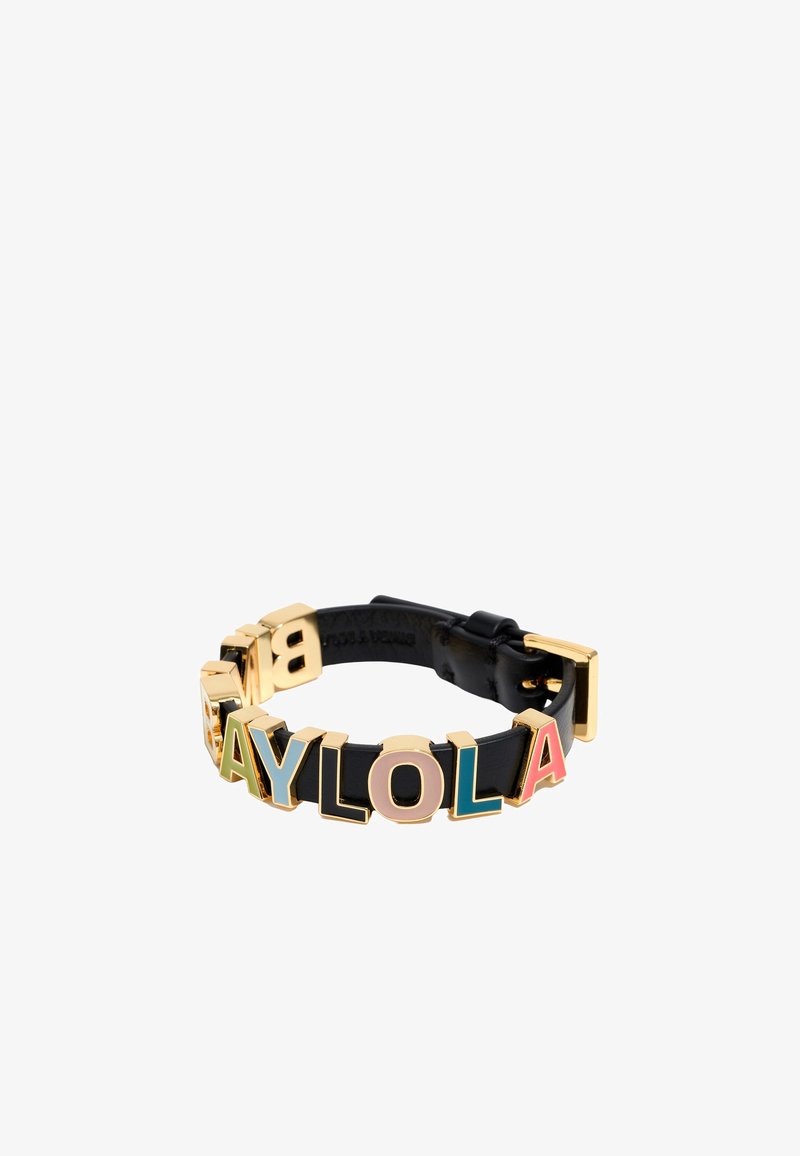 Black leather bracelet with gold-tone buckle and colorful letters spelling "BIAYLOLA" attached around it.