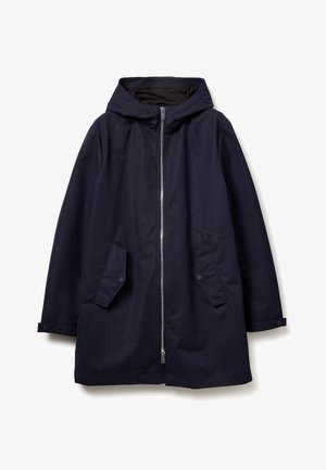 Marineblaue Kapuzenjacke mit Frontreißverschluss, langen Ärmeln und Klappentaschen mit Knopfverschlüssen auf beiden Seiten.