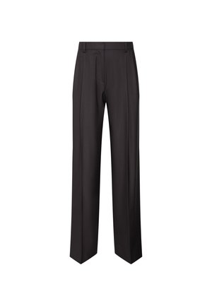 Pantalon noir ajusté à jambe droite avec passants de ceinture, pli avant et fermeture éclair, présenté sur un fond blanc.