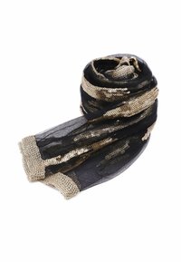 Sciarpa nera trasparente con accenti in paillettes dorate, caratterizzata da un design ondulato e bordi rifiniti. Leggera, con una finitura strutturata.
