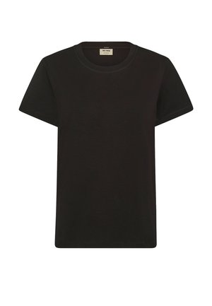 T-shirt nera a maniche corte in tessuto di cotone, con un classico collo a giro e una linea dritta, arricchita da sottili dettagli di cucitura.
