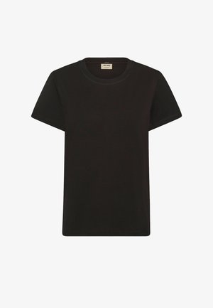 Juodas trumpomis rankovėmis marškinėliai iš medvilnės, su klasikiniais apykaklės įpjovimu ir tiesiu kirpimu, su subtiliais siuvimo detalėmis.