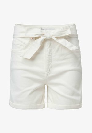 Hvide denimshorts med en belagt talje, opsmøgede kantbånd og to forlommer. Stoffet er glat med en let struktur.