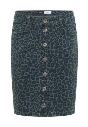 Cecil, KNIELANGER DENIM ROCK MIT LEO-MUSTER - Jupe crayon - dried olive green