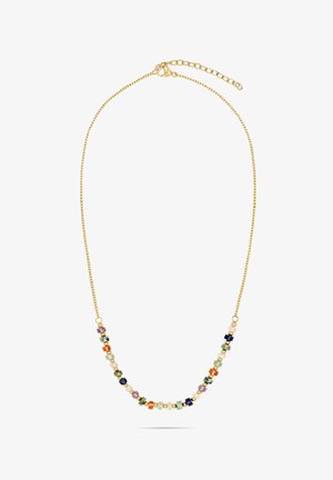 Goudkleurige ketting met een reeks kleurrijke kralen in groen, oranje, paars, blauw en crème, met een ketting en verlengstuk voor verstelbare lengte.