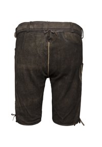 Shorts en suedine marron avec une taille haute, une fermeture à cordon et des poches latérales. Présente une surface texturée et des détails cousus.