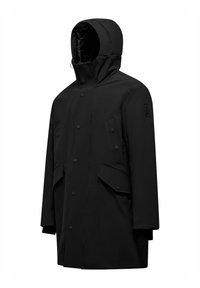 Parka nera impermeabile con cappuccio, dotata di bottoni a pressione, due tasche frontali e una texture liscia. Design a taglio dritto per una vestibilità morbida.