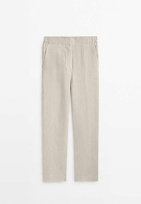 Lichtgrijze broek met een rechte pasvorm, elastische tailleband en zijzakken; gemaakt van een gestructureerde stof, met een casual ontwerp.